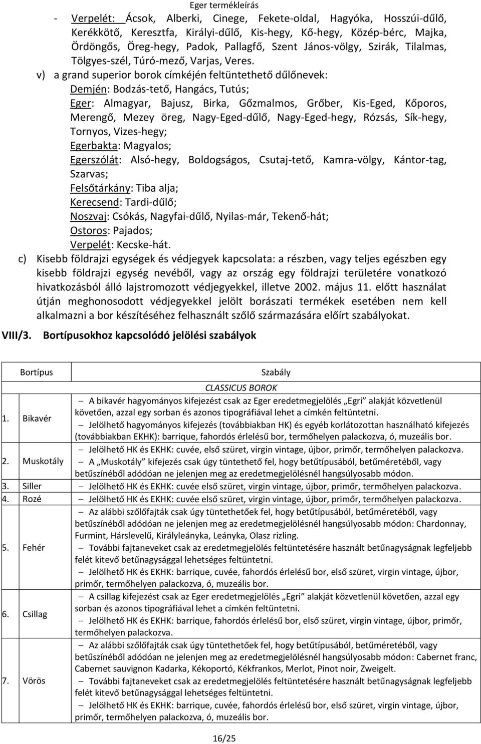 v) a grand superior borok címkéjén feltüntethető dűlőnevek: Demjén: Bodzás-tető, Hangács, Tutús; Eger: Almagyar, Bajusz, Birka, Gőzmalmos, Grőber, Kis-Eged, Kőporos, Merengő, Mezey öreg,