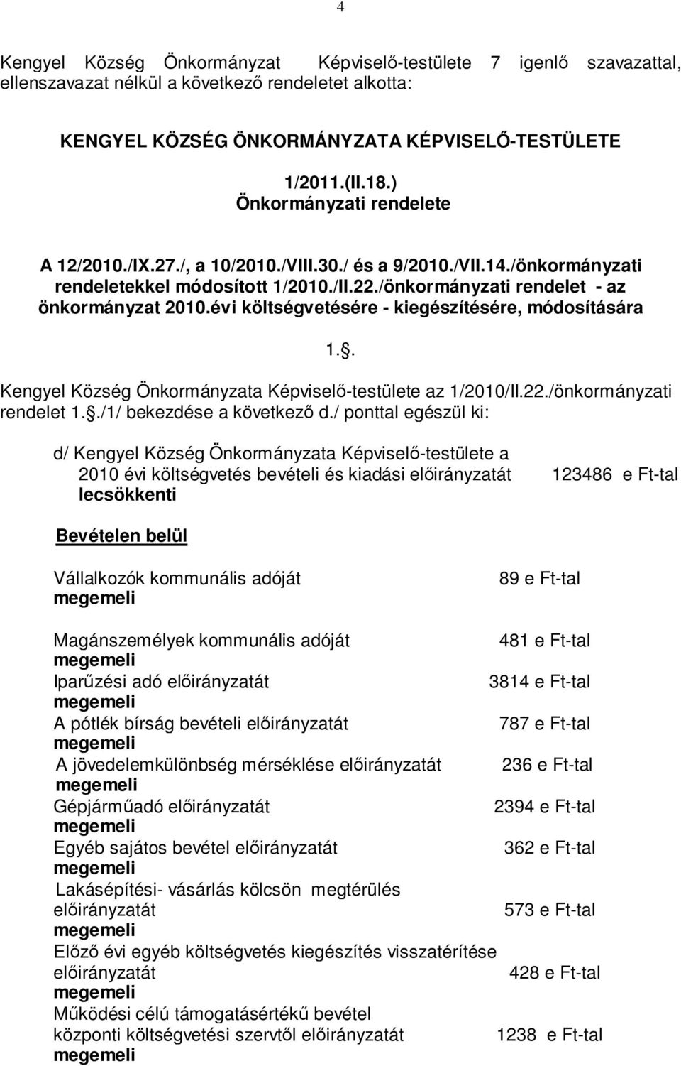 évi költségvetésére - kiegészítésére, módosítására 1.. Kengyel Község Önkormányzata Képviselő-testülete az 1/2010/II.22./önkormányzati rendelet 1../1/ bekezdése a következő d.