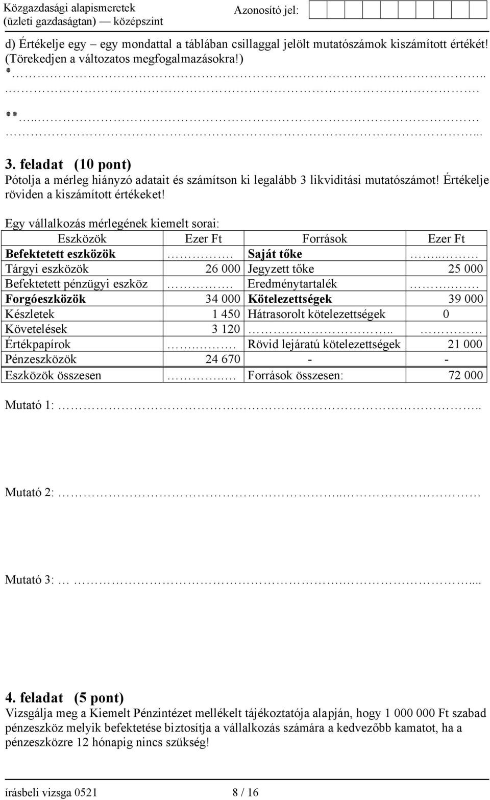 Egy vállalkozás mérlegének kiemelt sorai: Eszközök Ezer Ft Források Ezer Ft Befektetett eszközök. Saját tőke.. Tárgyi eszközök 26 000 Jegyzett tőke 25 000 Befektetett pénzügyi eszköz.