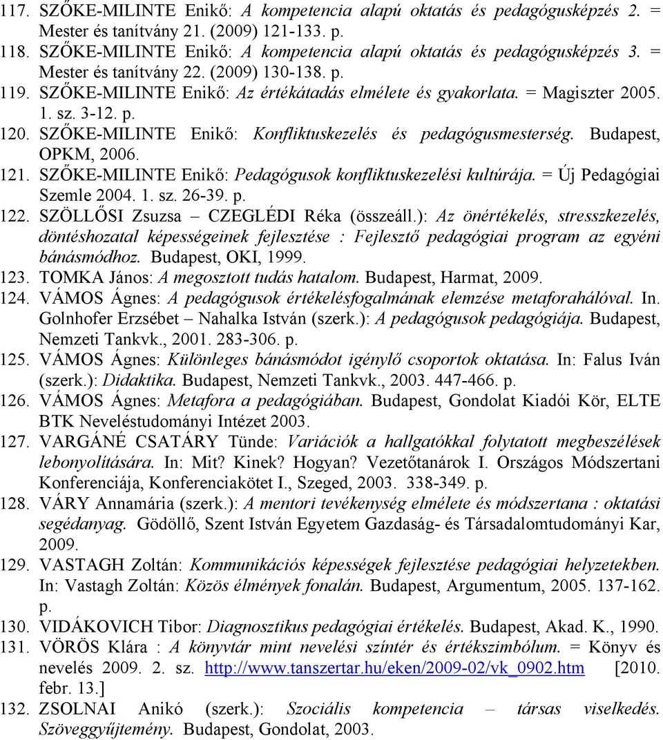 SZŐKE-MILINTE Enikő: Konfliktuskezelés és pedagógusmesterség. Budapest, OPKM, 2006. 121. SZŐKE-MILINTE Enikő: Pedagógusok konfliktuskezelési kultúrája. = Új Pedagógiai Szemle 2004. 1. sz. 26-39. p. 122.