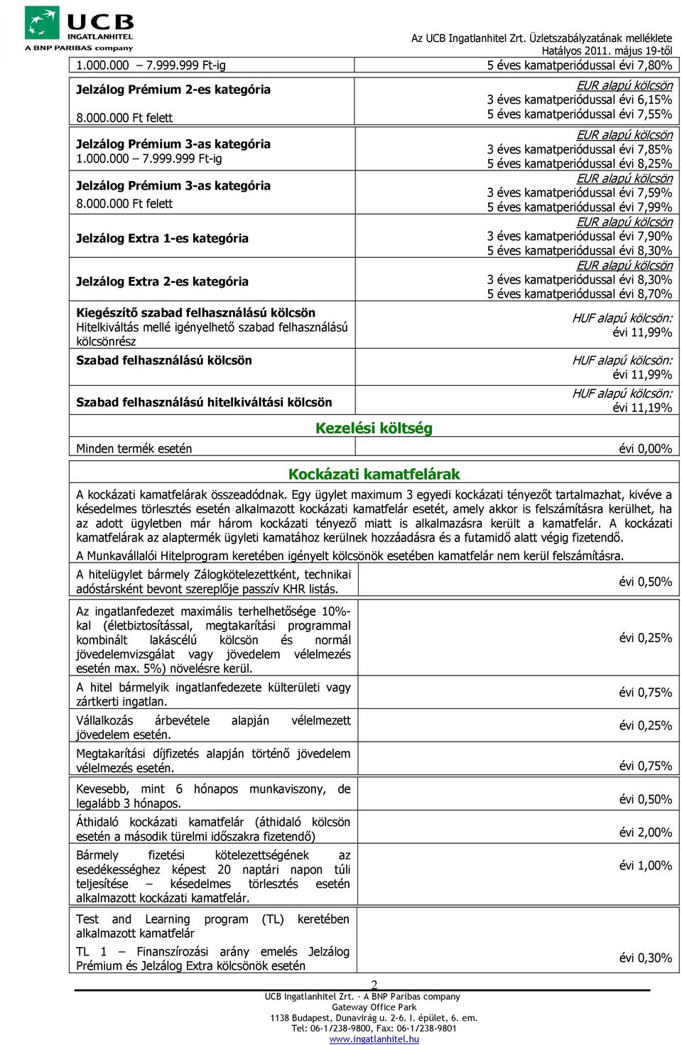 felhasználású kölcsön Szabad felhasználású hitelkiváltási kölcsön Kezelési költség 2 3 éves kamatperiódussal évi 6,15% 5 éves kamatperiódussal évi 7,55% 3 éves kamatperiódussal évi 7,85% 5 éves