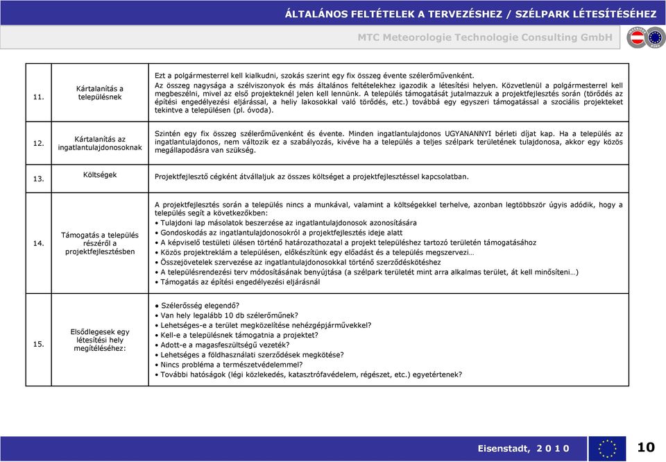 A település támogatását jutalmazzuk a projektfejlesztés során (törődés az építési engedélyezési eljárással, a heliy lakosokkal való törődés, etc.