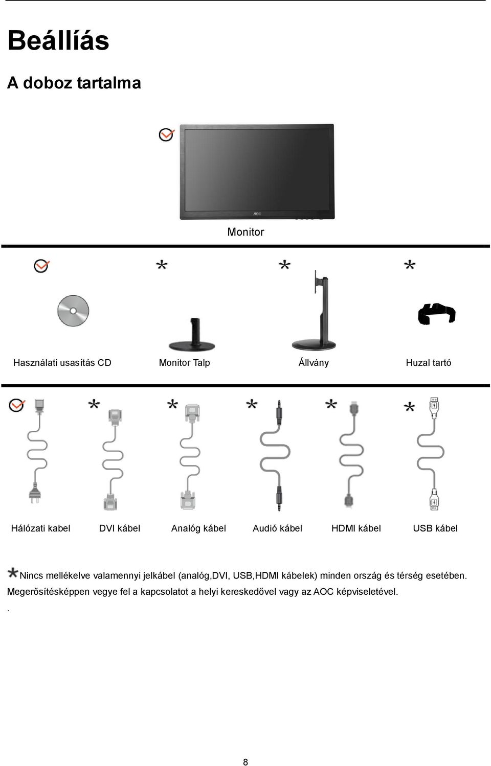 mellékelve valamennyi jelkábel (analóg,dvi, USB,HDMI kábelek) minden ország és térség