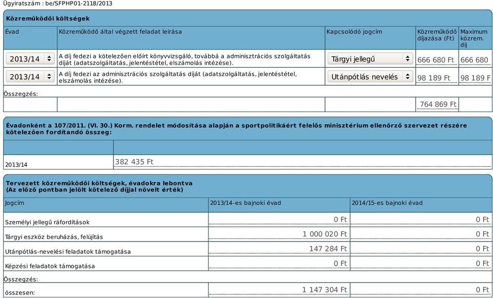 Tárgyi jellegű Utánpótlás nevelés Maximum közrem. díj 666 680 Ft 666 680 Ft 98 189 Ft 98 189 Ft 764 869 Ft Évadonként a 107/2011. (VI. 30.) Korm.