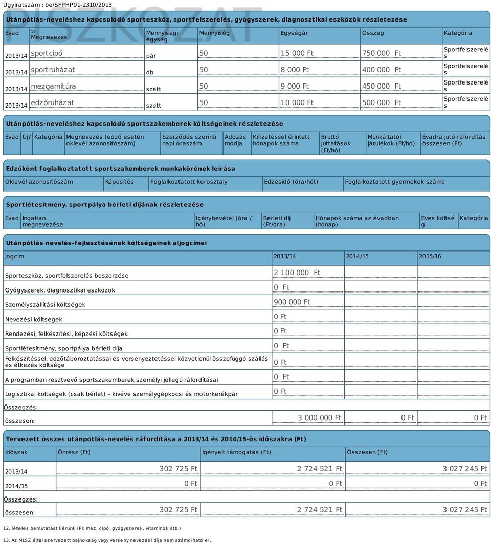 Sportfelszerelé s Sportfelszerelé s Utánpótlás-neveléshez kapcsolódó sportszakemberek költségeinek részletezése Évad Új?