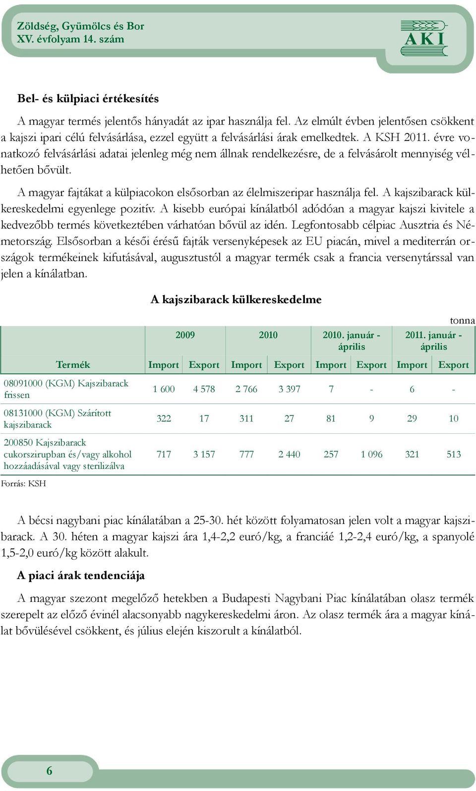 A kajszibarack külkereskedelmi egyenlege pozitív. A kisebb európai kínálatból adódóan a magyar kajszi kivitele a kedvezőbb termés következtében várhatóan bővül az idén.