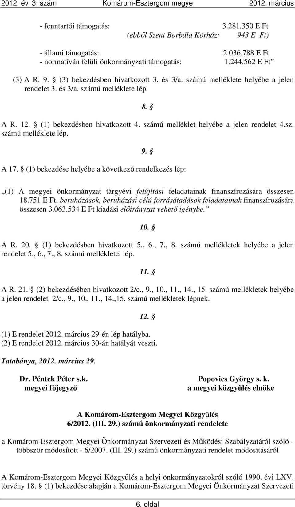 A 17. (1) bekezdése helyébe a következő rendelkezés lép: (1) A megyei önkormányzat tárgyévi felújítási feladatainak finanszírozására összesen 18.