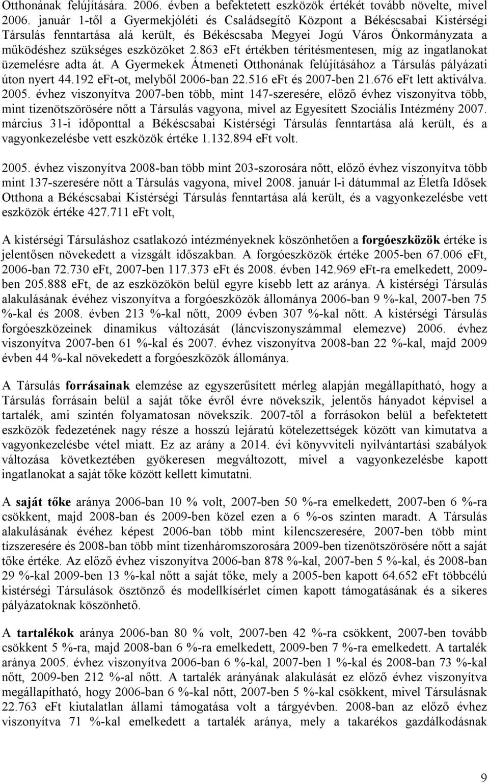 863 eft értékben térítésmentesen, míg az ingatlanokat üzemelésre adta át. A Gyermekek Átmeneti Otthonának felújításához a Társulás pályázati úton nyert 44.192 eft-ot, melyből 2006-ban 22.