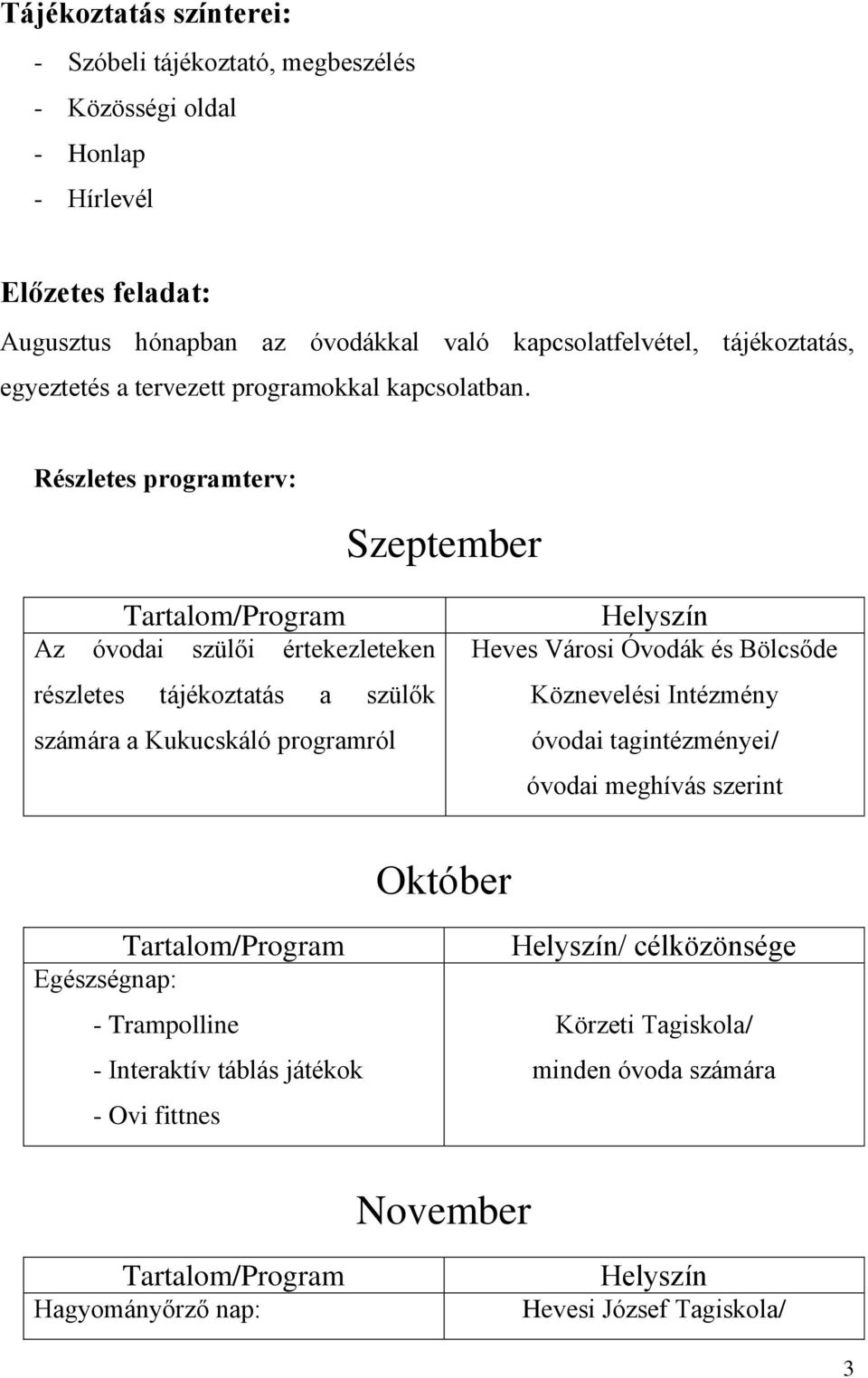 Részletes programterv: Szeptember Az óvodai szülői értekezleteken részletes tájékoztatás a szülők számára a Kukucskáló programról Heves Városi Óvodák és