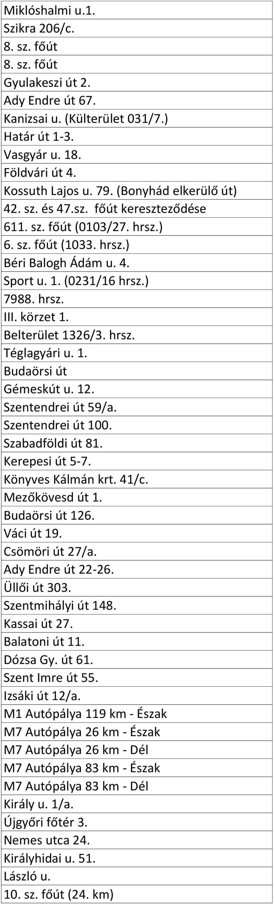 Belterület 1326/3. hrsz. Téglagyári u. 1. Budaörsi út Gémeskút u. 12. Szentendrei út 59/a. Szentendrei út 100. Szabadföldi út 81. Kerepesi út 5-7. Könyves Kálmán krt. 41/c. Mezőkövesd út 1.