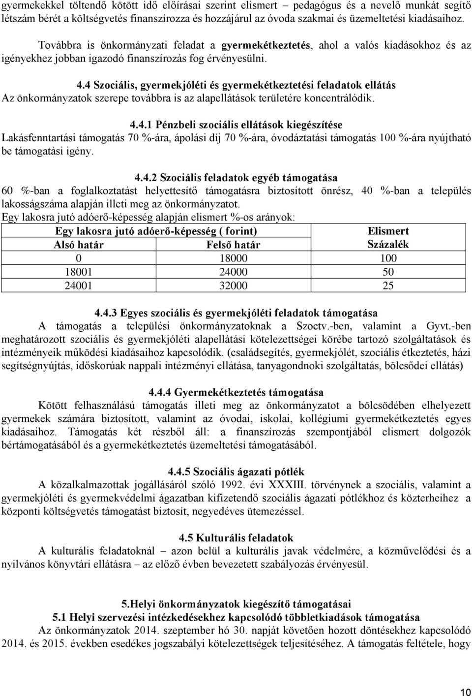 4 Szociális, gyermekjóléti és gyermekétkeztetési feladatok ellátás Az önkormányzatok szerepe továbbra is az alapellátások területére koncentrálódik. 4.4.1 Pénzbeli szociális ellátások kiegészítése Lakásfenntartási támogatás 70 %-ára, ápolási díj 70 %-ára, óvodáztatási támogatás 100 %-ára nyújtható be támogatási igény.