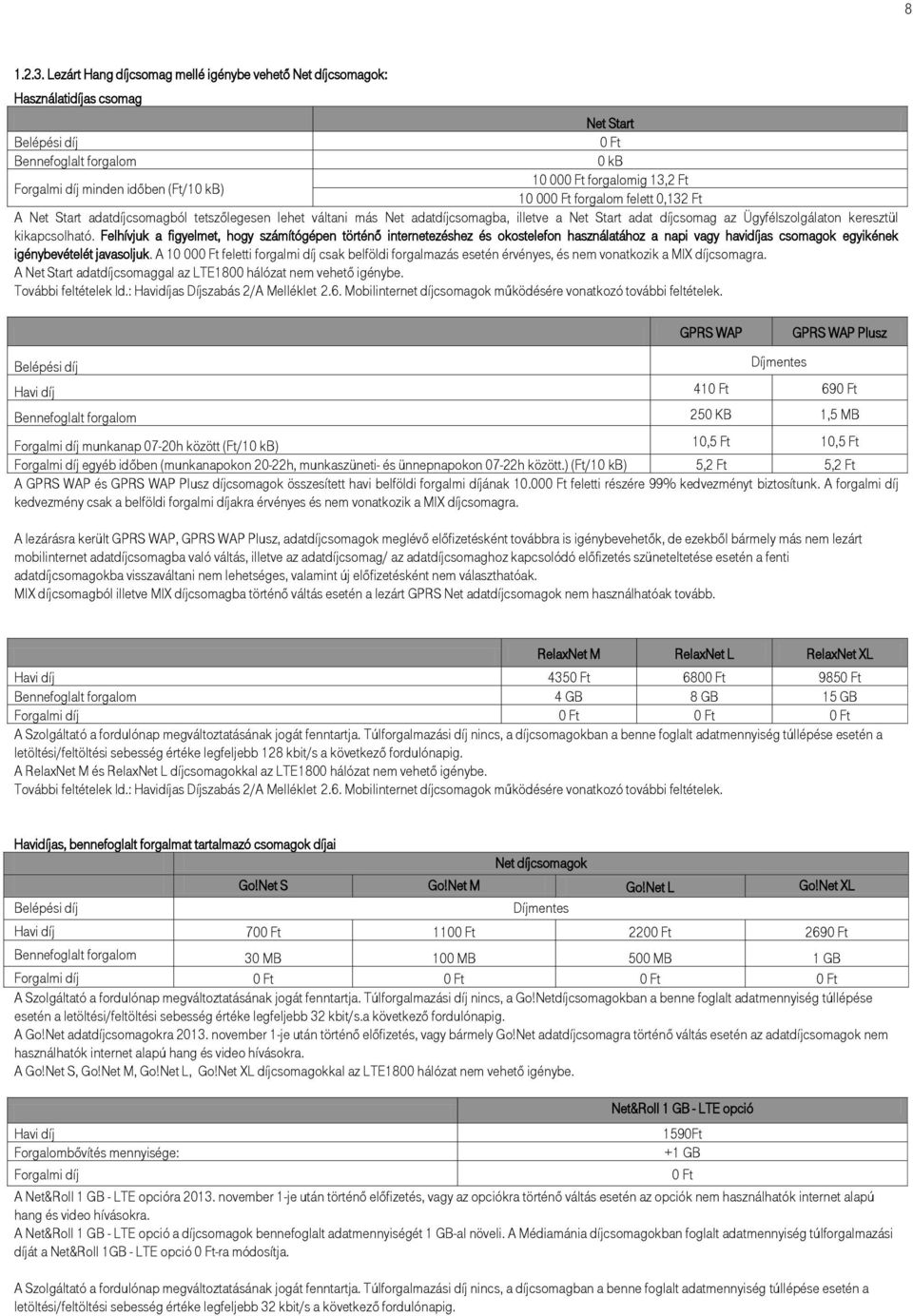 (Ft/10 kb) 10 000 Ft forgalom felett 0,132 Ft A Net Start adatdíjcsomagból tetszőlegesen lehet váltani más Net adatdíjcsomagba, illetve a Net Start adat díjcsomag az Ügyfélszolgálaton keresztül