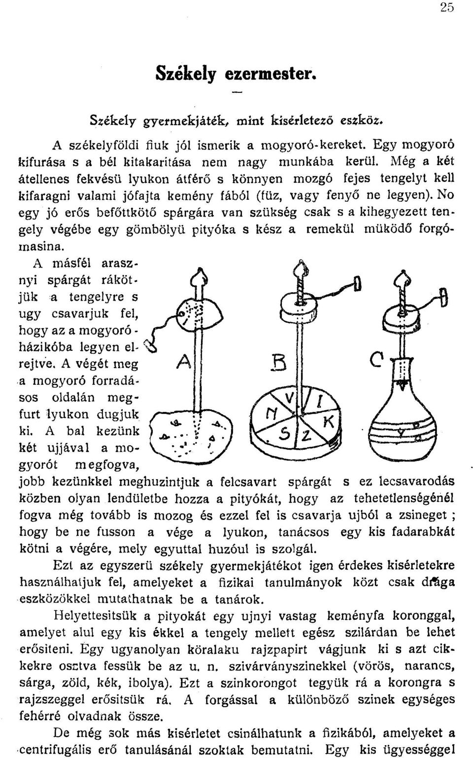 No egy jó erős befőttkötő spárgára van szükség csak s a kihegyezett tengely végébe egy gömbölyű pityóka s kész a remekül működő forgómasina.