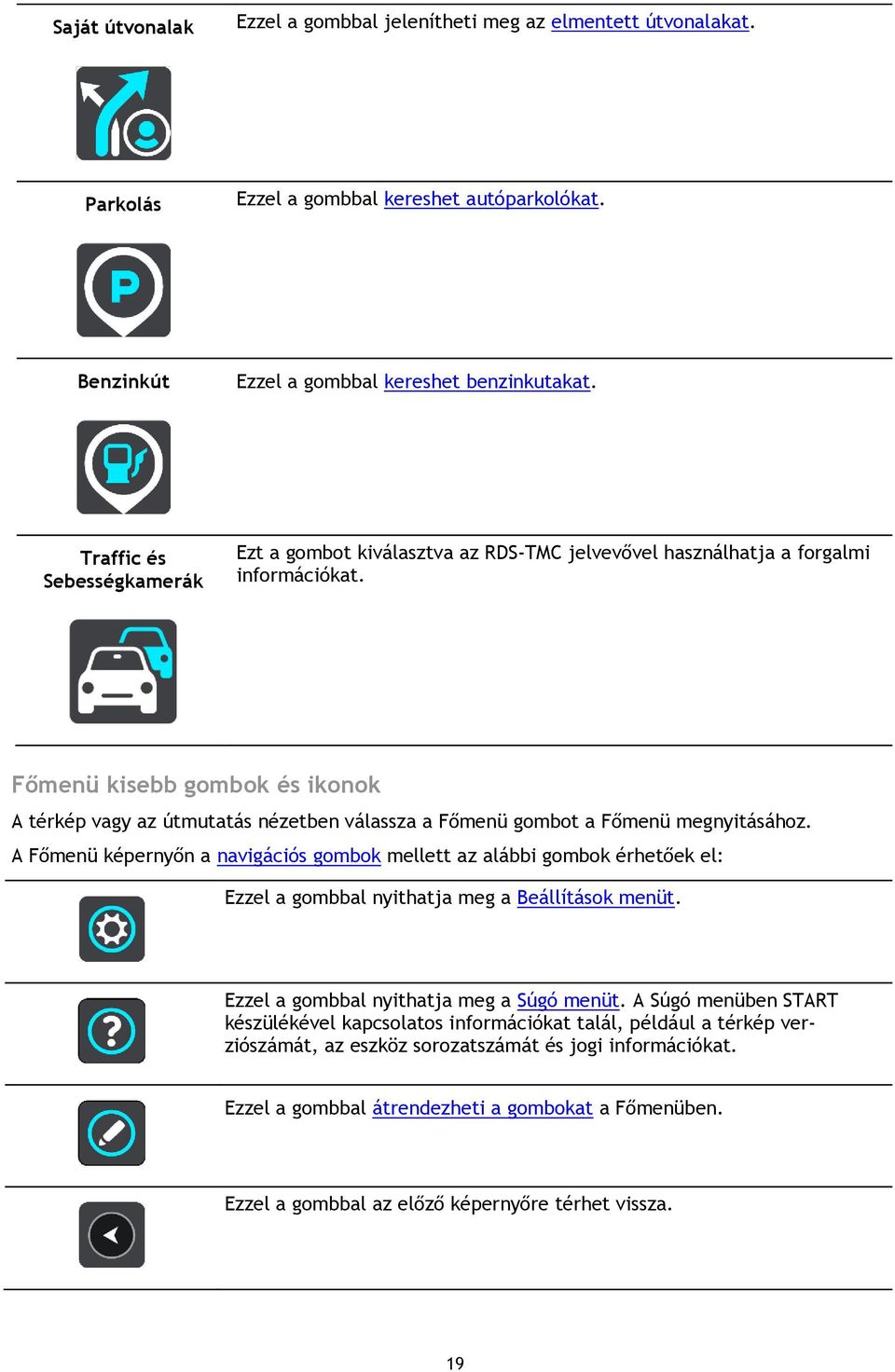 Főmenü kisebb gombok és ikonok A térkép vagy az útmutatás nézetben válassza a Főmenü gombot a Főmenü megnyitásához.