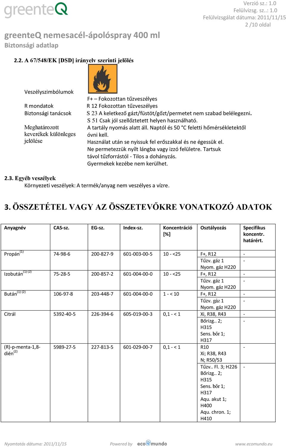 Naptól és 50 C feletti hőmérsékletektől óvni kell. Használat után se nyissuk fel erőszakkal és ne égessük el. Ne permetezzük nyílt lángba vagy izzó felületre.