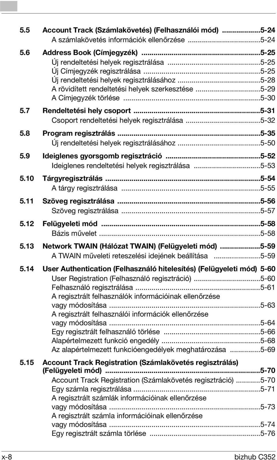 ..5-31 Csoport rendeltetési helyek regisztrálása...5-32 5.8 Program regisztrálás...5-35 Új rendeltetési helyek regisztrálásához...5-50 5.9 Ideiglenes gyorsgomb regisztráció.