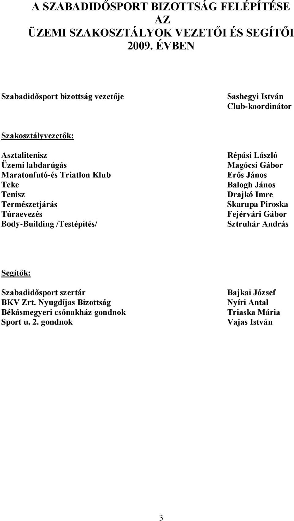 Triatlon Klub Teke Tenisz Természetjárás Túraevezés Body-Building /Testépítés/ Répási László Magócsi Gábor Erős János Balogh János Drajkó Imre