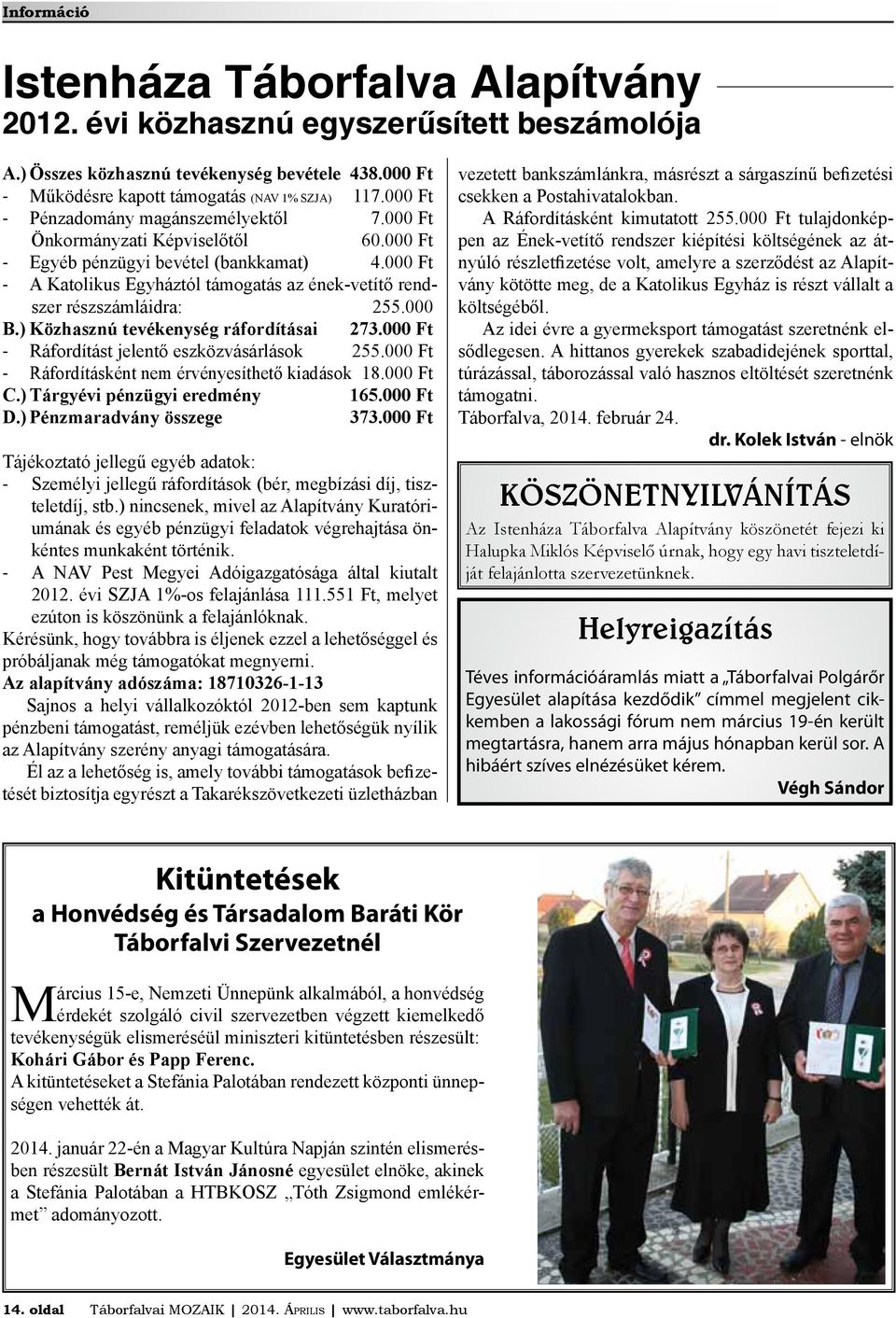 000 Ft - A Katolikus Egyháztól támogatás az ének-vetítő rendszer részszámláidra: 255.000 B.) Közhasznú tevékenység ráfordításai 273.000 Ft - Ráfordítást jelentő eszközvásárlások 255.