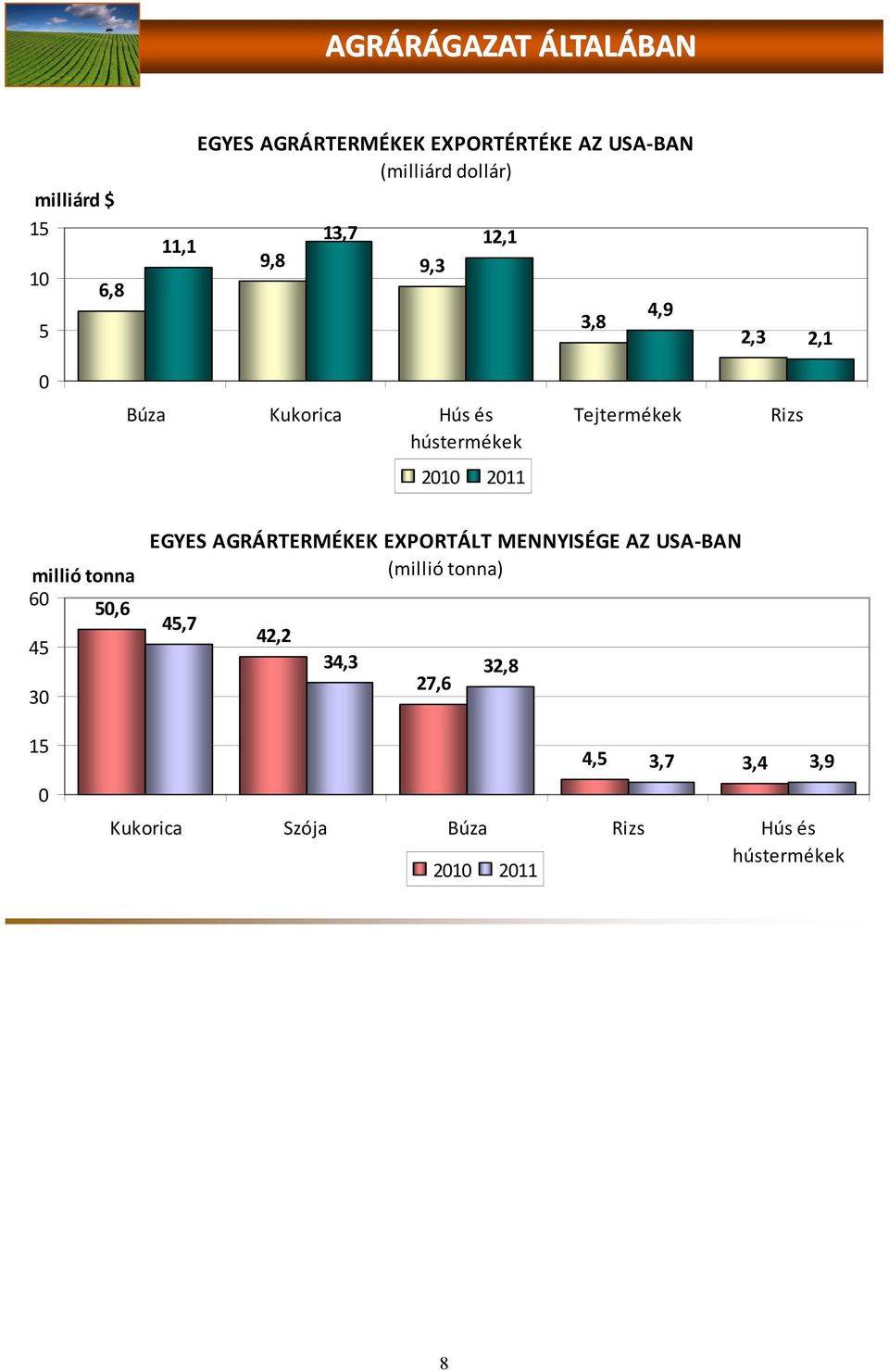 Rizs 2010 2011 millió tonna 60 50,6 45 30 EGYES AGRÁRTERMÉKEK EXPORTÁLT MENNYISÉGE AZ USA-BAN