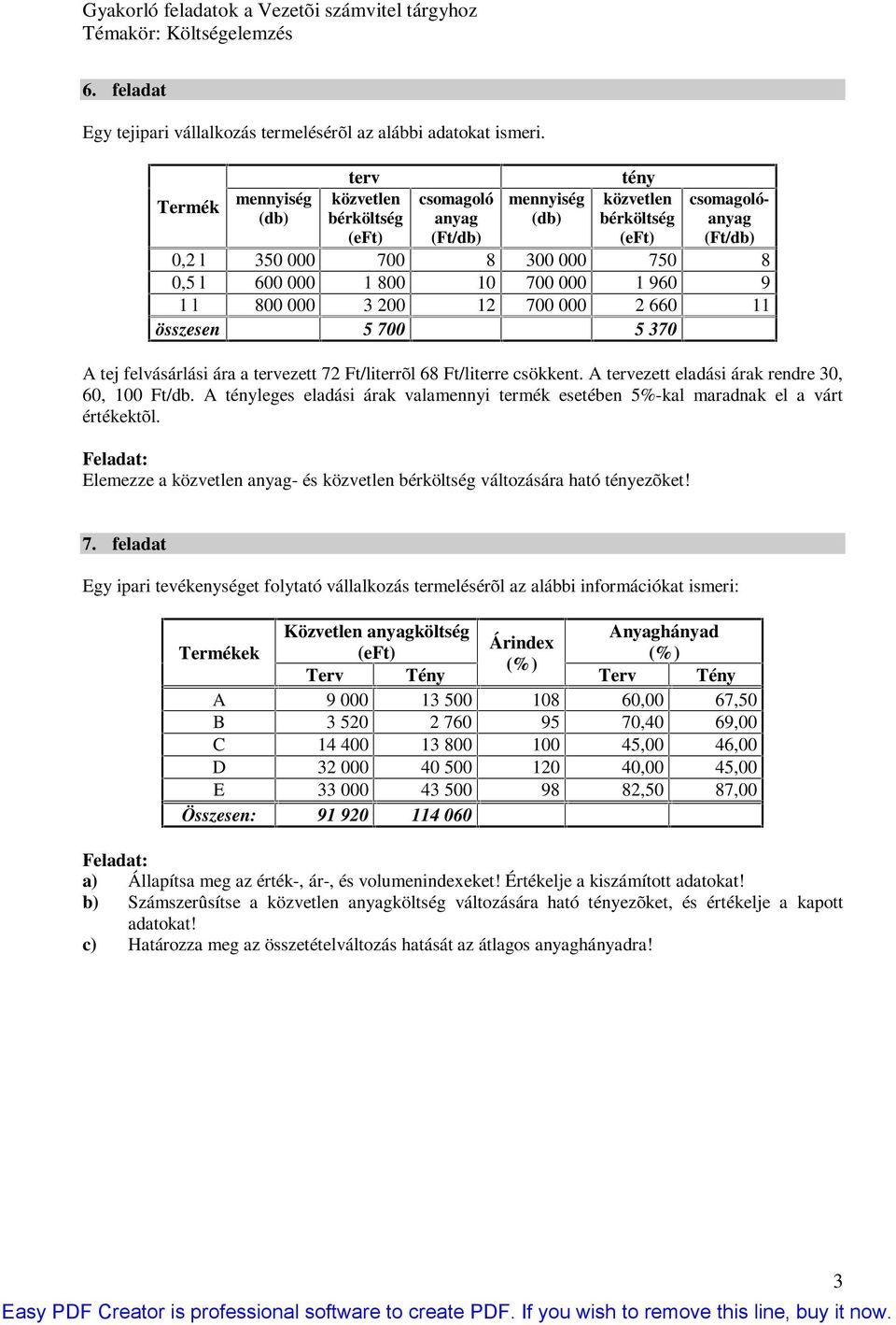 5 37 A tej felvásárlási ára a tervezett 72 Ft/literrõl 68 Ft/literre csökkent. A tervezett eladási árak rendre 3, 6, Ft/db.