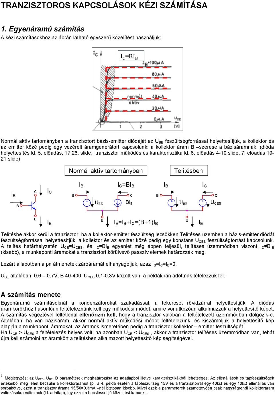 kollektor és az emitter közé pedig egy vezérelt áramgenerátort kapcsolunk: a kollektor áram szerese a bázisáramnak. (dióda helyettesítés ld. 5. előadás, 17,26.