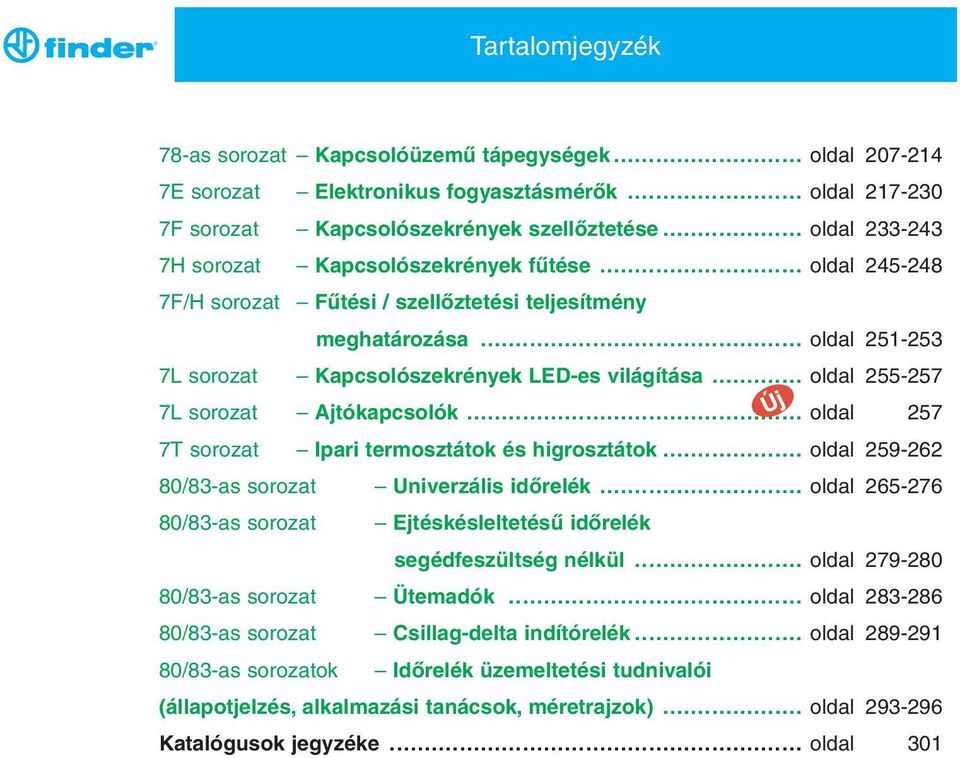 .. oldal 255-257 7L sorozat Ajtókapcsolók... oldal 257 7T sorozat pari termosztátok és higrosztátok... oldal 259-262 80/83-as sorozat Univerzális időrelék.