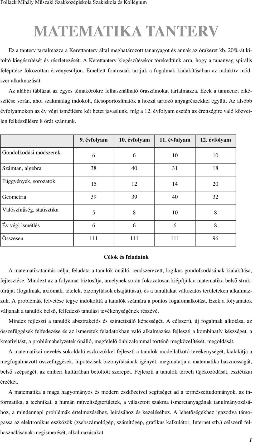 Az alábbi táblázat az egyes témakörökre felhasználható óraszámokat tartalmazza. Ezek a tanmenet elkészítése során, ahol szakmailag indokolt, átcsoportosíthatók a hozzá tartozó anyagrészekkel együtt.