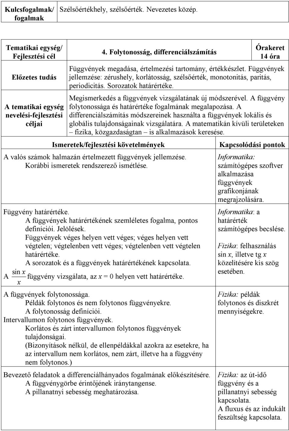 A függvény folytonossága és határértéke fogalmának megalapozása. A differenciálszámítás módszereinek használta a függvények lokális és globális tulajdonságainak vizsgálatára.