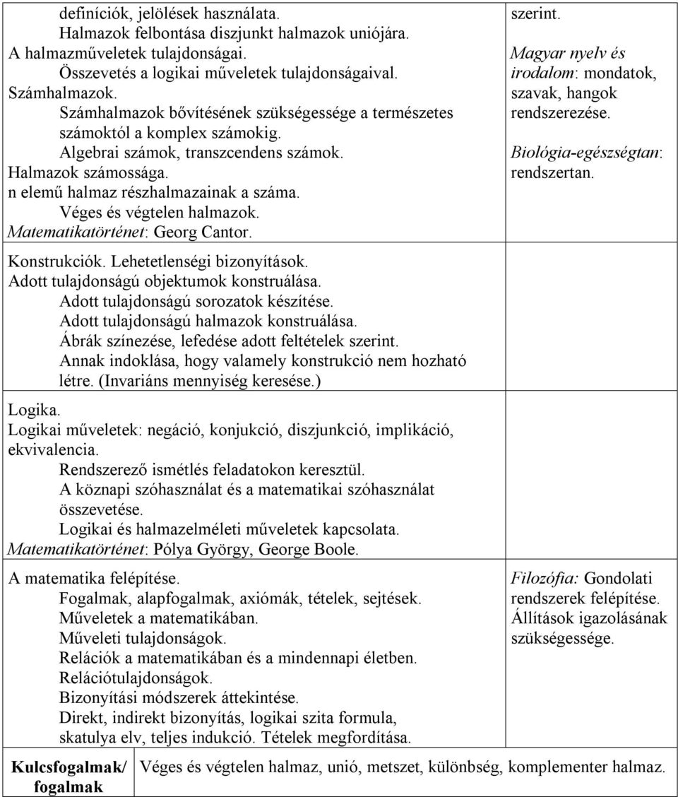 Véges és végtelen halmazok. Matematikatörténet: Georg Cantor. Konstrukciók. Lehetetlenségi bizonyítások. Adott tulajdonságú objektumok konstruálása. Adott tulajdonságú sorozatok készítése.