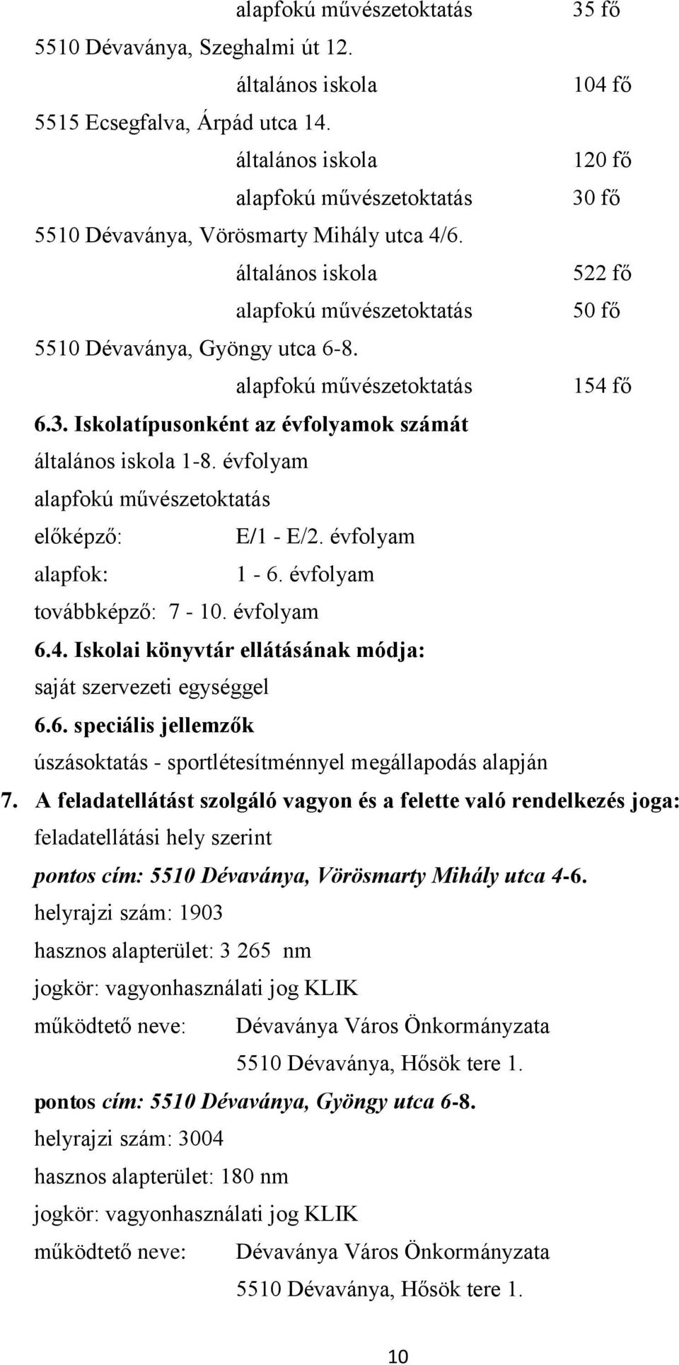 alapfokú művészetoktatás 154 fő 6.3. Iskolatípusonként az évfolyamok számát általános iskola 1-8. évfolyam alapfokú művészetoktatás előképző: E/1 - E/2. évfolyam alapfok: 1-6.