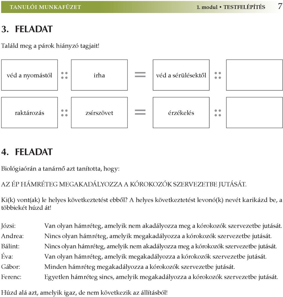 A helyes következtetést levonó(k) nevét karikázd be, a többiekét húzd át! Józsi: Andrea: Bálint: Éva: Gábor: Ferenc: Van olyan hámréteg, amelyik nem akadályozza meg a kórokozók szervezetbe jutását.