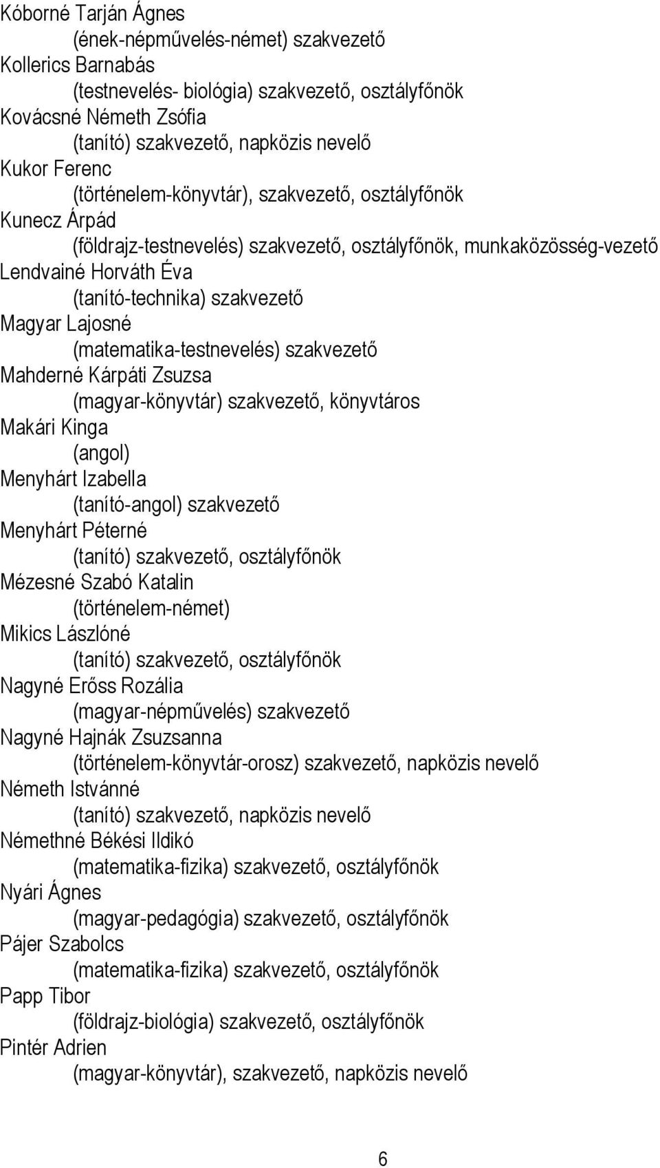(matematika-testnevelés) szakvezető Mahderné Kárpáti Zsuzsa (magyar-könyvtár) szakvezető, könyvtáros Makári Kinga (angol) Menyhárt Izabella (tanító-angol) szakvezető Menyhárt Péterné (tanító)