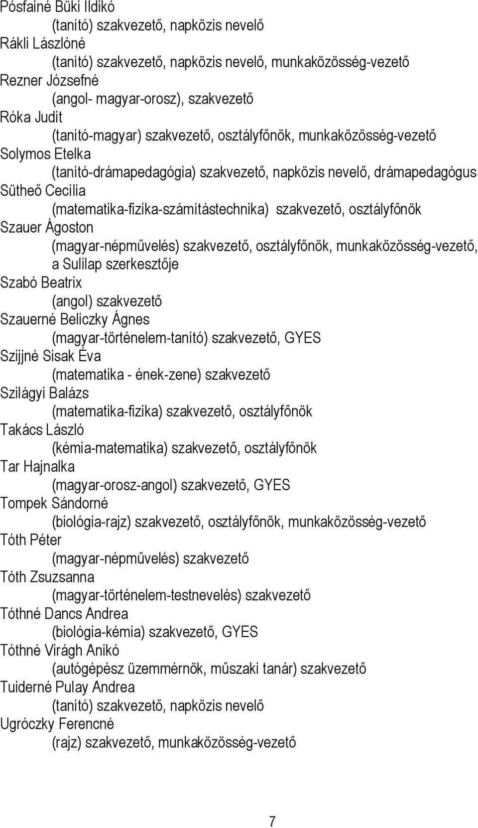szakvezető, osztályfőnök Szauer Ágoston (magyar-népművelés) szakvezető, osztályfőnök, munkaközösség-vezető, a Sulilap szerkesztője Szabó Beatrix (angol) szakvezető Szauerné Beliczky Ágnes