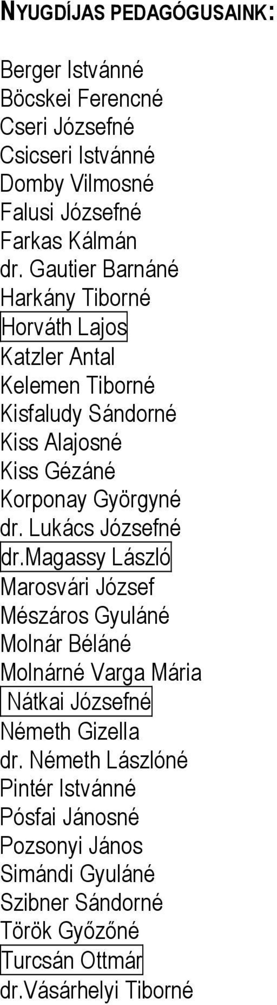 Lukács Józsefné dr.magassy László Marosvári József Mészáros Gyuláné Molnár Béláné Molnárné Varga Mária Nátkai Józsefné Németh Gizella dr.