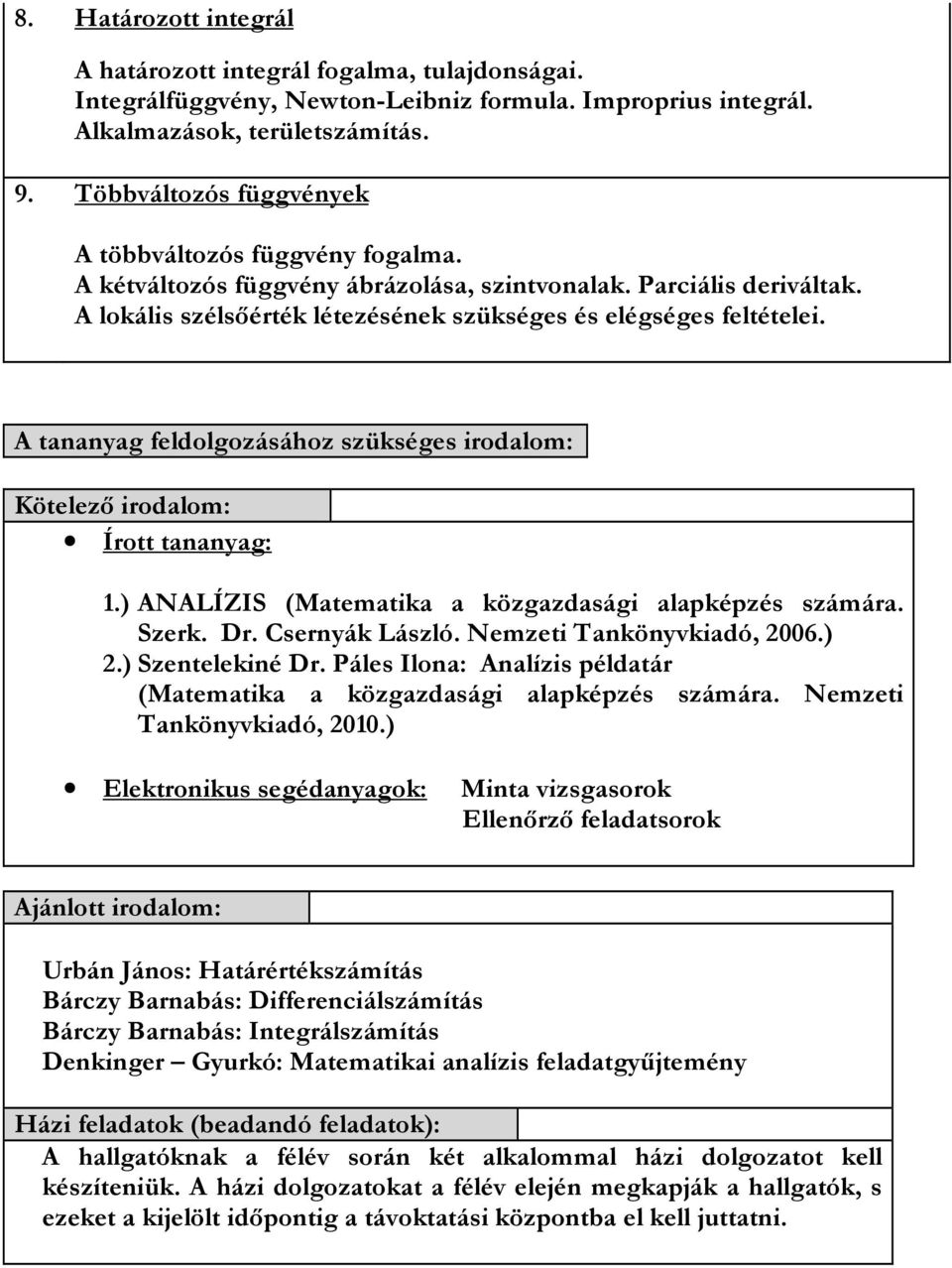 A tananyag feldolgozásához szükséges irodalom: Kötelezı irodalom: Írott tananyag: 1.) ANALÍZIS (Matematika a közgazdasági alapképzés számára. Szerk. Dr. Csernyák László. Nemzeti Tankönyvkiadó, 2006.