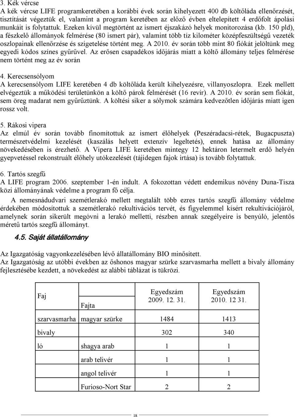 150 pld), a fészkelő állományok felmérése (80 ismert pár), valamint több tíz kilométer középfeszültségű vezeték oszlopainak ellenőrzése és szigetelése történt meg. A 2010.