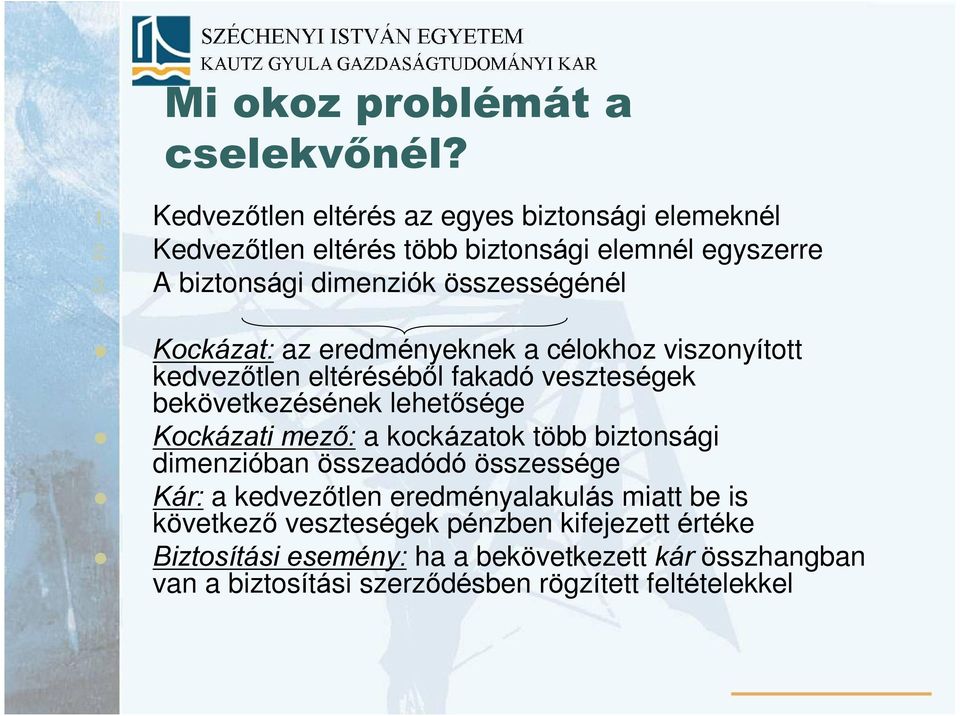 lehetõsége Kockázati mezõ: a kockázatok több biztonsági dimenzióban összeadódó összessége Kár: a kedvezõtlen eredményalakulás miatt be is következõ