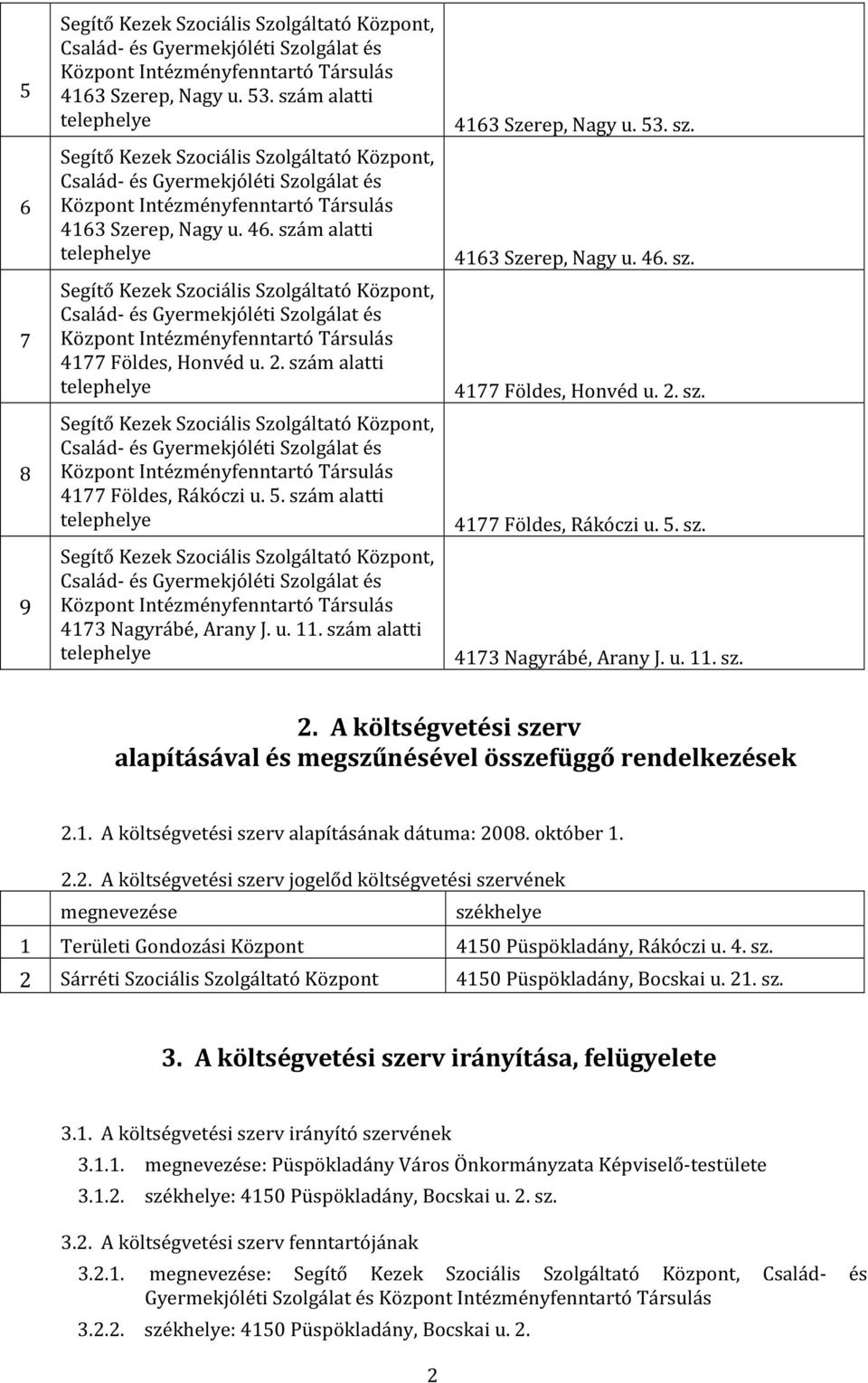 1. A költségvetési szerv alapításának dátuma: 2008. október 1. 2.2. A költségvetési szerv jogelőd költségvetési szervének megnevezése székhelye 1 Területi Gondozási Központ 4150 Püspökladány, Rákóczi u.