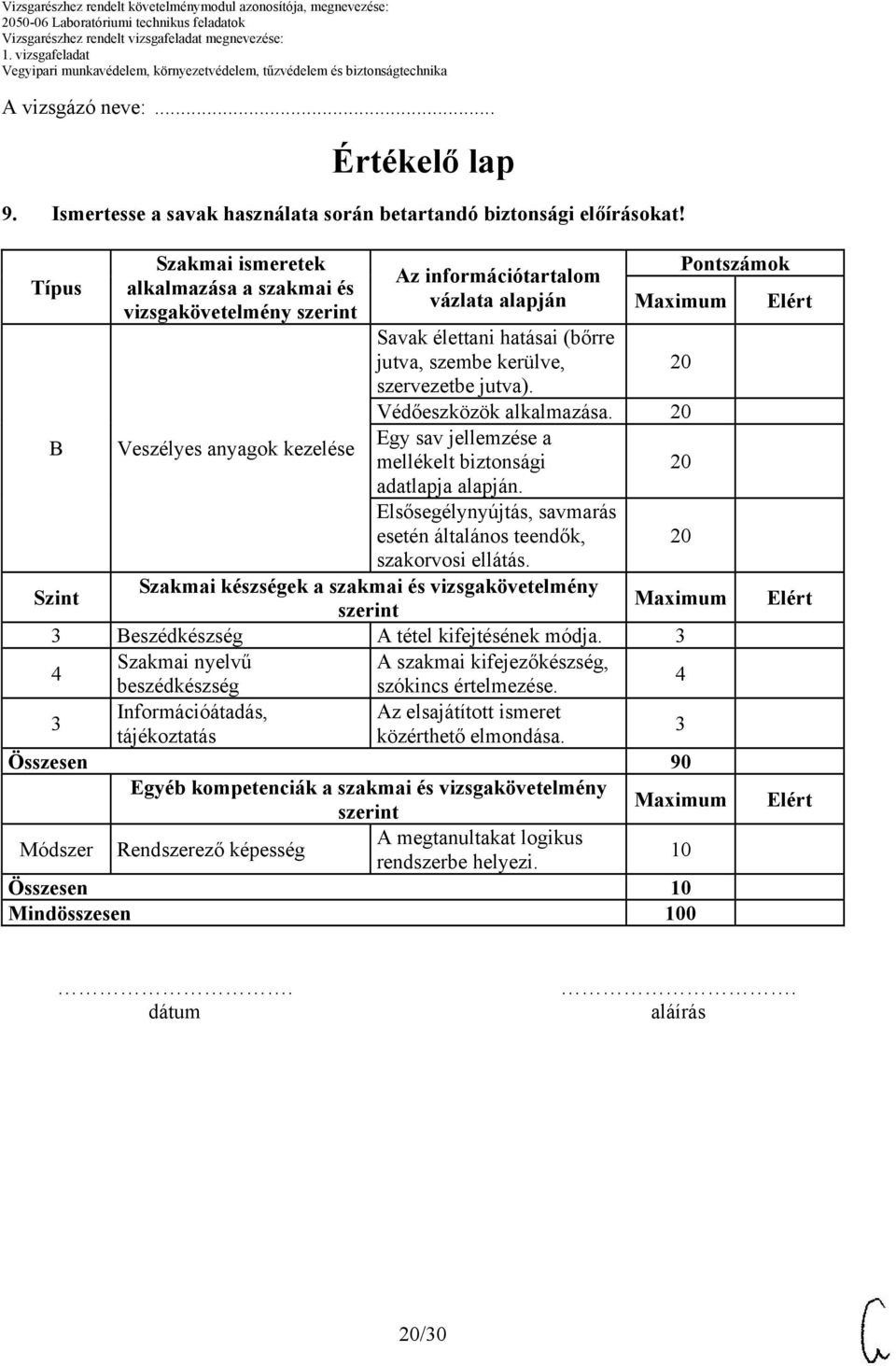 szervezetbe jutva). Védőeszközök alkalmazása. Egy sav jellemzése a mellékelt biztonsági adatlapja alapján. Elsősegélynyújtás, savmarás esetén általános teendők, szakorvosi ellátás.