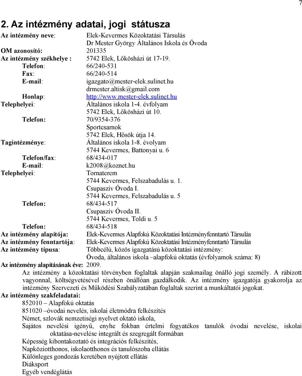 évfolyam 5742 Elek, Lőkösházi út 10. Telefon: 70/9354-376 Sportcsarnok 5742 Elek, Hősök útja 14. Tagintézménye: Általános iskola 1-8. évolyam 5744 Kevermes, Battonyai u.