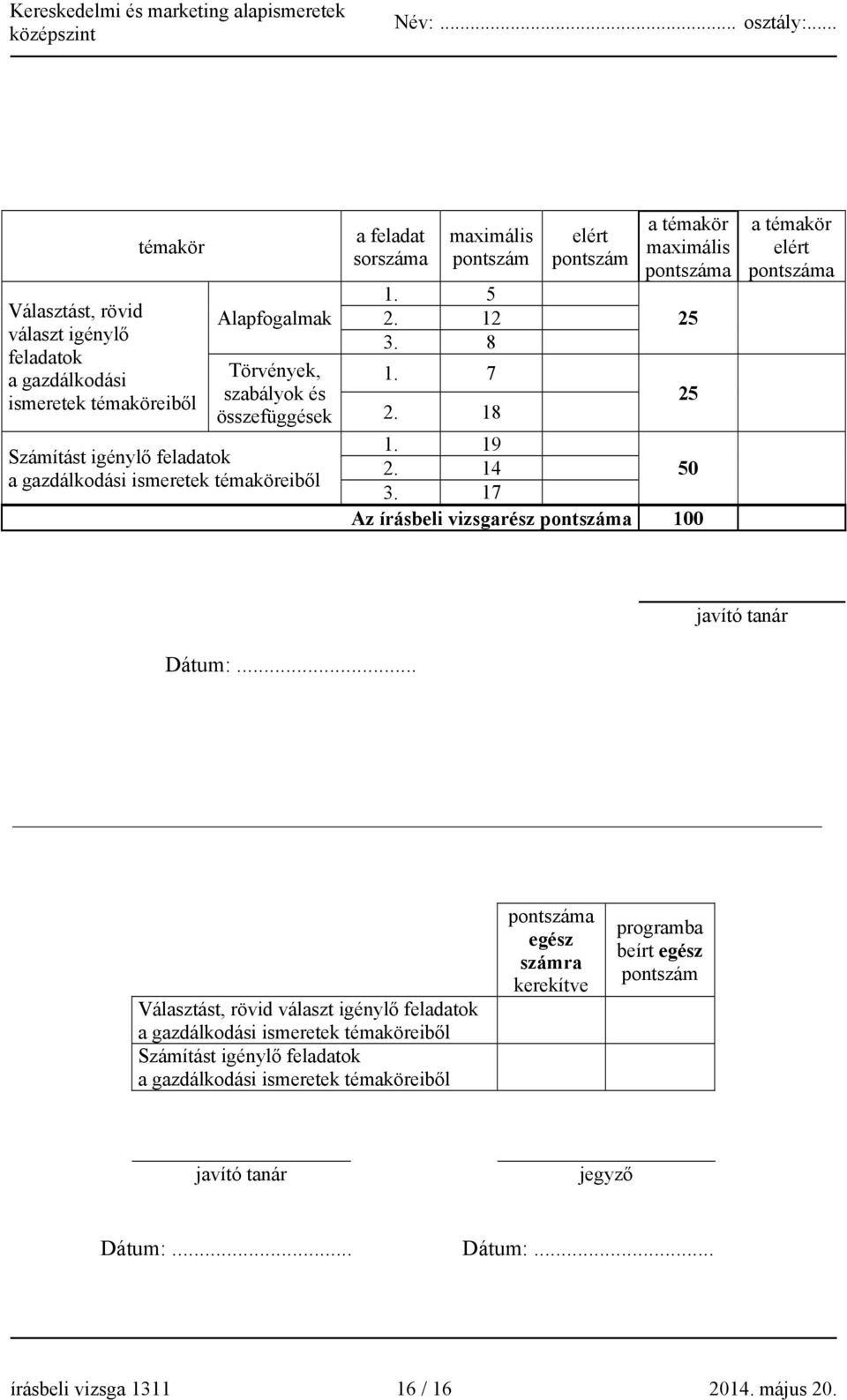 17 Az írásbeli vizsgarész pontszáma 100 a témakör elért pontszáma javító tanár Dátum:.