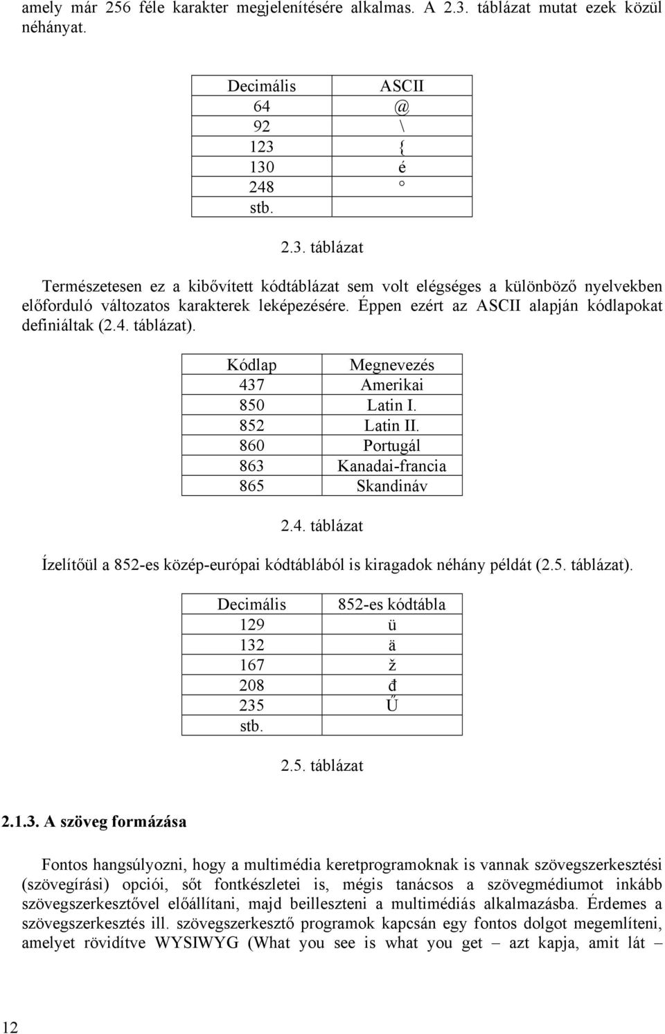 Latin II 860 Portugál 863 Kanadai-francia 865 Skandináv 24 táblázat Ízelítőül a 852-es közép-európai kódtáblából is kiragadok néhány példát (25 táblázat) Decimális 852-es kódtábla 129 ü 132 ä 167 ž