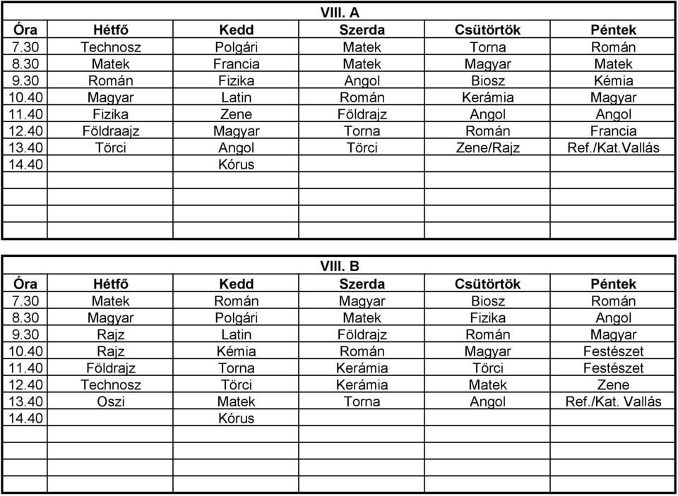 40 Törci Angol Törci Zene/Rajz Ref./Kat.Vallás 14.40 Kórus VIII. B 7.30 Matek Román Magyar Biosz Román 8.30 Magyar Polgári Matek Fizika Angol 9.