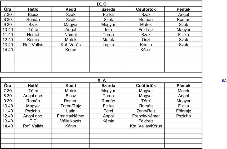 30 Törci Matek Magyar Magyar Matek 8.30 Angol opc. Biosz Torna Magyar Angol 9.30 Román Román Román Törci Magyar 10.