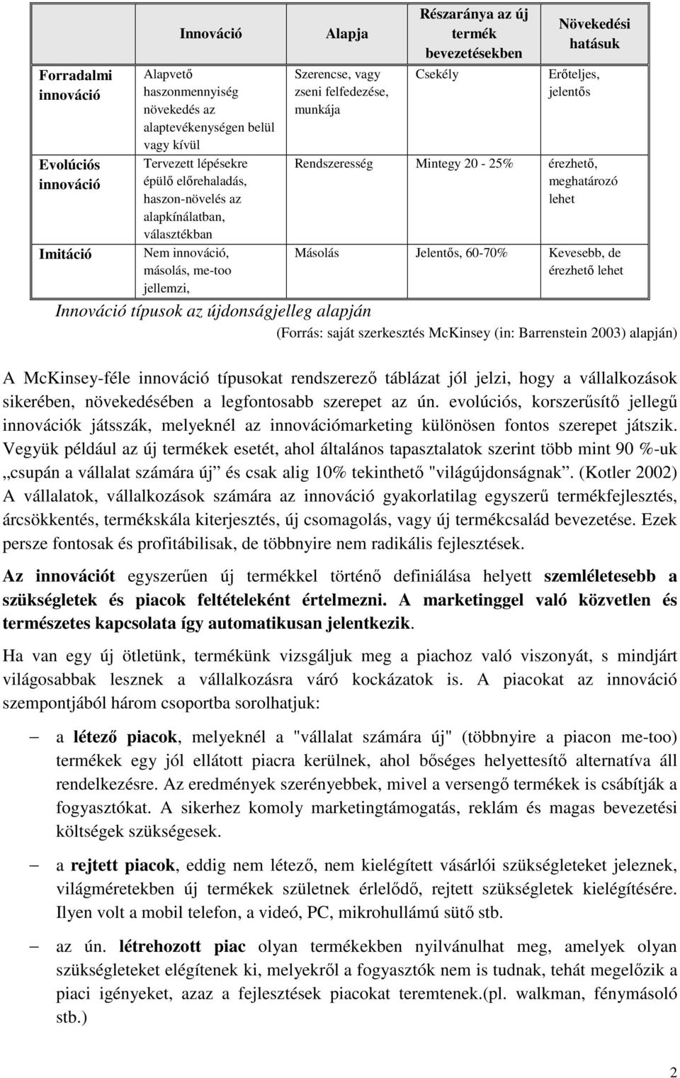 jelentős Rendszeresség Mintegy 20-25% érezhető, meghatározó lehet Másolás Jelentős, 60-70% Kevesebb, de érezhető lehet Innováció típusok az újdonságjelleg alapján (Forrás: saját szerkesztés McKinsey