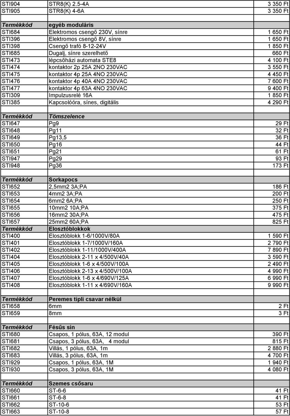 STI685 Dugalj, sínre szerelhető 660 Ft STI473 lépcsőházi automata STE8 4 100 Ft STI474 kontaktor 2p 25A 2NO 230VAC 3 550 Ft STI475 kontaktor 4p 25A 4NO 230VAC 4 450 Ft STI476 kontaktor 4p 40A 4NO