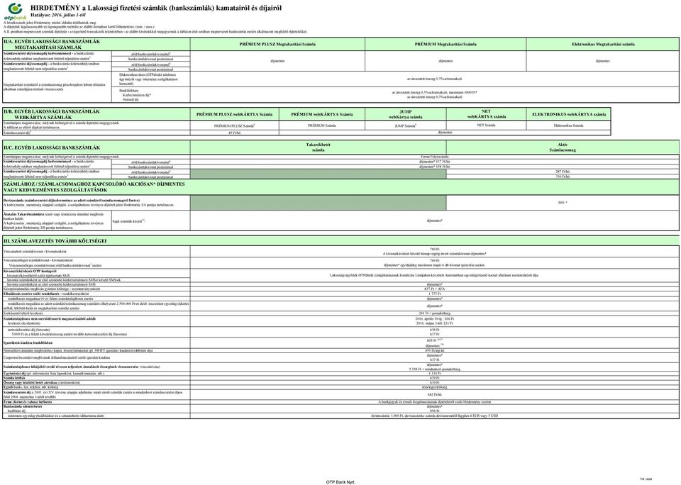 EGYÉB LAKOSSÁGI BANKSZÁMLÁK MEGTAKARÍTÁSI SZÁMLÁK vezetési díj/csomagdíj kedvezménnyel - a bankszámla üzletszabályzatában meghatározott feltétel teljesülése esetén 3 vezetési díj/csomagdíj - a