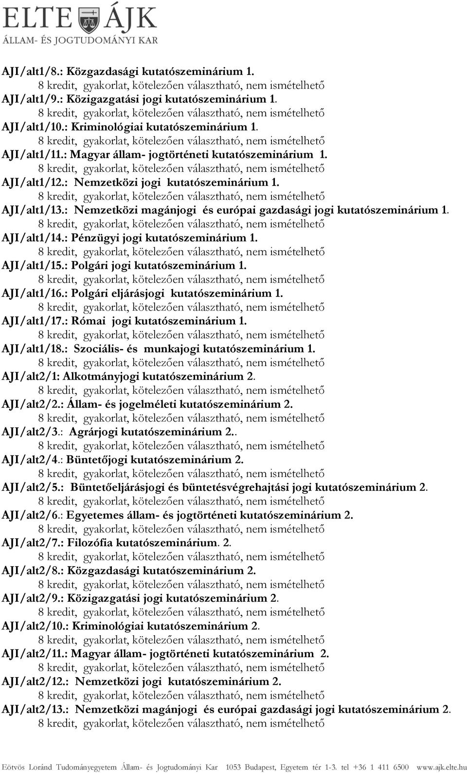 : Pénzügyi jgi kutatószeminárium 1. AJI/alt1/15.: Plgári jgi kutatószeminárium 1. AJI/alt1/16.: Plgári eljárásjgi kutatószeminárium 1. AJI/alt1/17.: Római jgi kutatószeminárium 1. AJI/alt1/18.