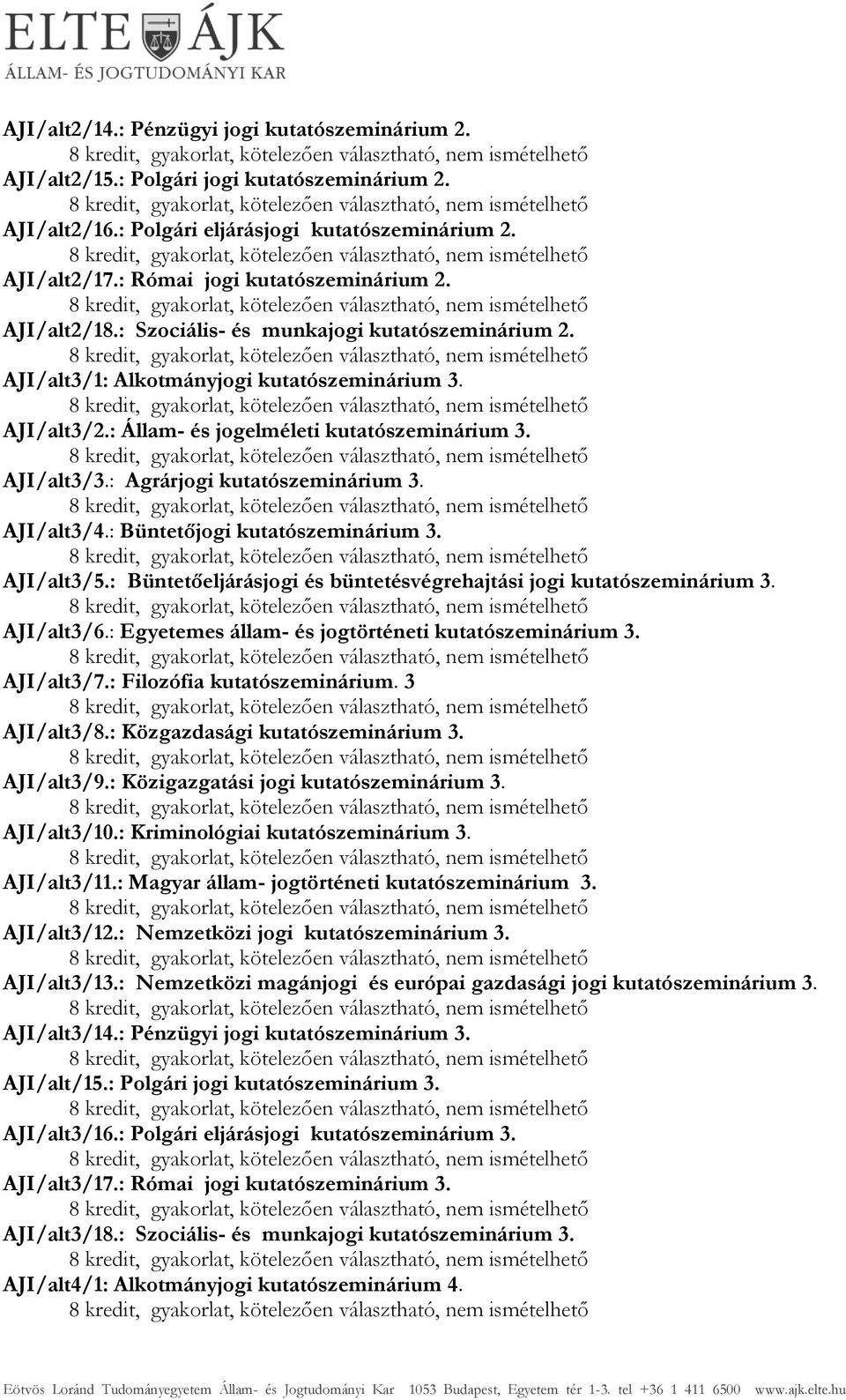 AJI/alt3/4.: Büntetőjgi kutatószeminárium 3. AJI/alt3/5.: Büntetőeljárásjgi és büntetésvégrehajtási jgi kutatószeminárium 3. AJI/alt3/6.: Egyetemes állam- és jgtörténeti kutatószeminárium 3.