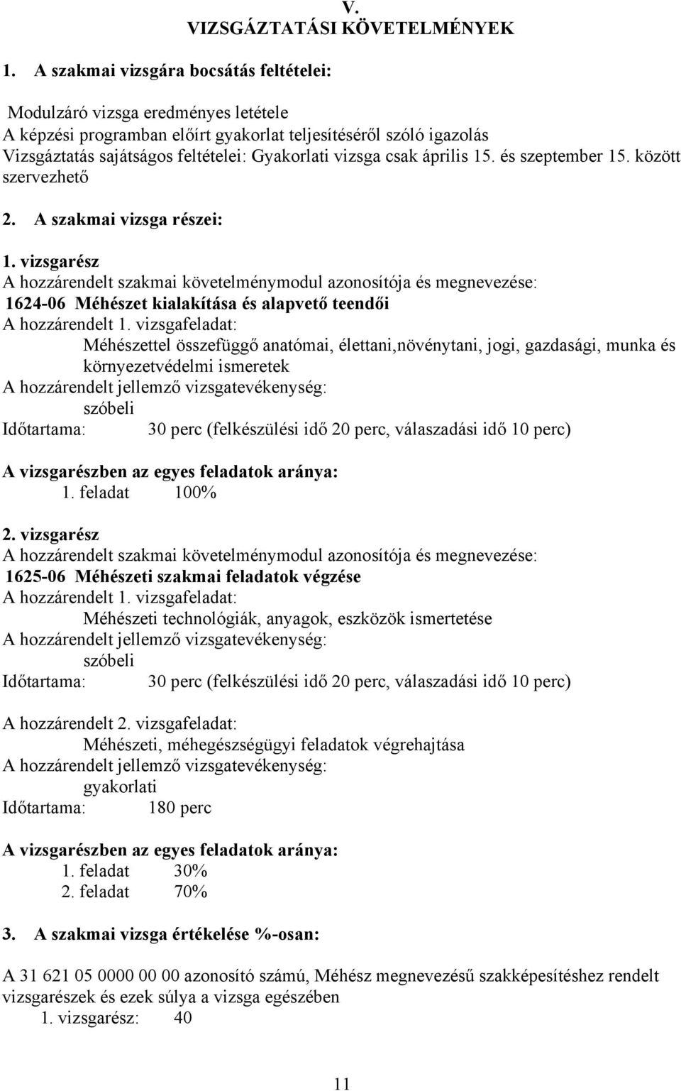 15. és szeptember 15. között szervezhető 2. A szakmai vizsga részei: 1.